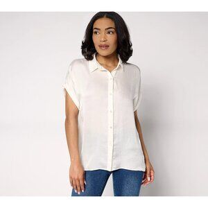 Dennis Basso Woven Camp Shirt Plus Size 2X Rolled Sleeves Classic Ivory Office